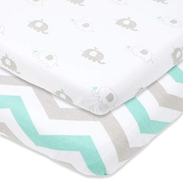 Joey + Joan JoeyJoan Bassinet Fitted Sheets for Baby Beside Dreamer Bedside Sleeper and Chicco Next2Me &ndash; Fits 20 x 33 Mattress &ndash; Snuggly Soft Jersey Cotton &ndash; Grey, Mint &ndash; 2 Pack