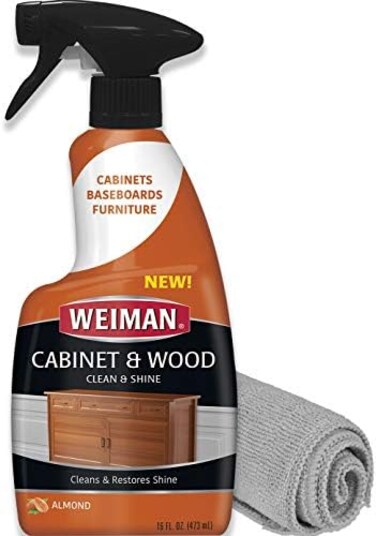 Weiman CabinetWood CleanShine Spray - Furniture, Kitchen Cabinets, BaseboardTrim, Fresh Almond Scent - Microfiber Cloth Included