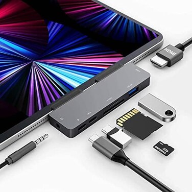 GKEAPZA Adapter for iPad Pro USB C Hub for iPad Pro M4 M2 M1 2024-2018,7in1 USB C Hub with 4K HDMI,3.5mm Jack,USB3.0,PD 60W,SD/TF,USB-C Data,iPad Air 4/5,iPad Mini 6