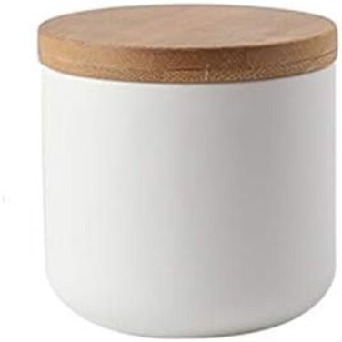 YYW Ceramic Food Storage Jar Canister with Airtight Wooden Lid, Modern Design Food Canisters Loose Tea Coffee Sugar Spice Nuts Snacks Seasonings Storage Jar Caddy (White 6.76oz/200ml