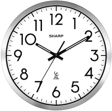 Sharp Atomic Analog Wall Clock - 12" Silver Brushed Finish - Sets Automatically- Battery Operated - Easy to Read - Easy to Use: Simple, Easy to Read Style fits Any Decor