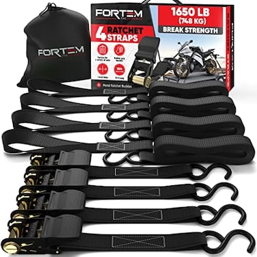 Fortem Ratchet Straps, 4X 15ft Tie Down Strap Set, 4X Soft Loops, Motorcycle Straps Tie Downs, Cargo Straps for Trucks, 1500lb Break Strength, Rubber Handles, Coated Metal Hooks, Carrying Bag (Black