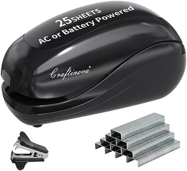 craftinova Electric Stapler,Including 2000 Staples and 1 adapters,Suitable for Palm Size and high Comfort，25 Sheet Capacity, AC Adapter or Battery Powered，Battery not Included，(Black&hellip;