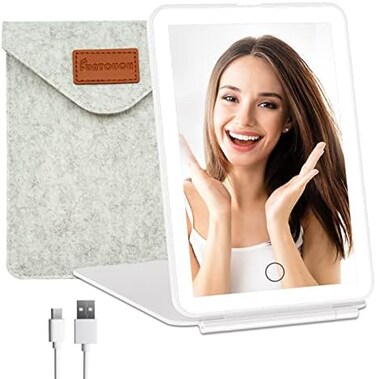 مرآة مكياج للسفر قابلة لإعادة الشحن من FUNTOUCH مزودة بـ 72 مصباح LED، مرآة تجميل مضيئة محمولة، 3 أوضاع إضاءة، شاشة لمس قابلة للتعتيم، مرآة تجميل قابلة للطي توضع على الطاولة مع حقيبة تخزين