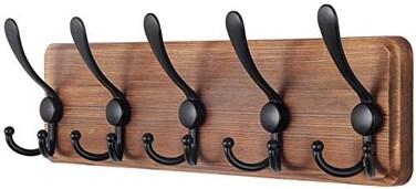 SKOLOO Rustic Wall Mounted Coat Rack: 16'' Hole to Hole, Pine Real Wood Plank Wall Coat Rack with 5 Triple Hooks, Farmhouse Coat Hanger Wall Mount for Hanging Backpack Jacket Coat Hat