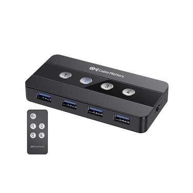 موزع كابل ماترز KVM ذو 4 منافذ USB 3.0، موزع USB لأربعة أجهزة كمبيوتر وأجهزة USB (مفتاح KVM - تحكم عبر الزر أو لاسلكي - محول USB-C مرفق لـ USB-C و Thunderbolt 3)