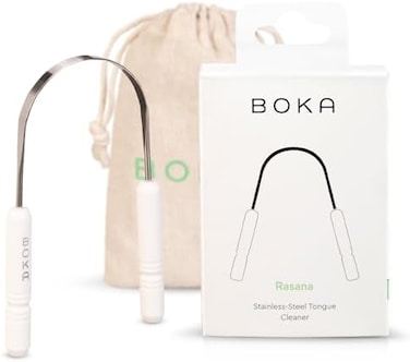 Boka Tongue Scraper for AdultsKids with Case - Stainless Steel Tongue Cleaner w/Linen Travel Pouch - Scrubber to Remove Tongue Buildup and Freshens Breath (Pack of 1