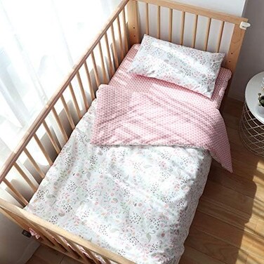 Emenpy 100% Cotton Crib Bedding Set for Infant Boys Girls,3 Pcs Baby Bed Linen Include Duvet Cover,Fitted Sheet,Pillowcase,Nursery Decoration,No Filler(Pink