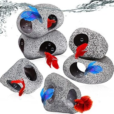 Cunhill 6 Pieces Aquarium Decoration Rock Caves Stackable Ceramic Fish Tank Hideout Cave Stone Ornaments Hideaway for Betta Shrimp Cichlid Hiding Breeding Spawning Decor