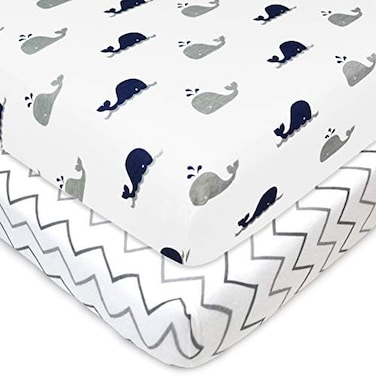 TL Care 2 Pack Fitted Pack N Play Playard Sheet 27" x 39", Soft Breathable Neutral Cotton Jersey Pack and Play Sheet, Navy Whale/Gray Zigzag, for Boys and Girls, Fits Most Mini Crib