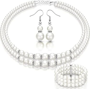 Junkin Faux Pearls Necklace Earrings Set Wedding Pearl Bracelet 1920s Simulated Pearls Accessories Vintage Valentine's Day Costume Jewelry for Brides Women
