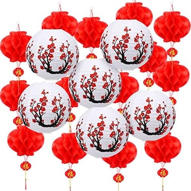 Mudder 20 Pieces Japanese Chinese Lanterns Decoration Includes 6 Cherry Flowers Japanese Paper Lanterns 14 Chinese Red Lanterns 12 Inch Cherry Blossom Lanterns Home Decor for New Year (White