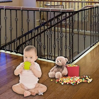 JIFTOK Stairway Net - Baby Safety Rail - 180 inch x 32 inch - Banister Stair Net for Child, Small pet,Toy- IndoorOutdoor(Black