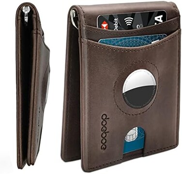 doeboe 新品 AirTag Wallet, Genuine Leather Credit Card Bifold Wallet with Money Clip, Minimalist RFID Blocking Slim Front Pocket Wallet, Airtags Holder Accessories for Men Women with Gift Box