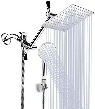 Tudoccy 10 Inch High Pressure Rainfall Shower Head/Handheld Shower Combo with 11 Inch Extension Arm, 9 Settings Adjustable Anti-leak with Holder/Hose, Height/Angle Adjustable, Chrome