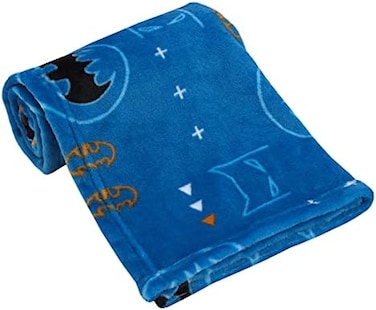 NoJo Warner Brothers Batman Blue, Orange, and White with Icons, Emblems, and Triangles Super Soft Baby Blanket
