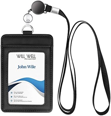 Will Well Genuine Leather ID Badge Holder with Retractable Reel Lanyard, Vertical ID Card Holder with 1 Clear ID Window1 Card Slot and 35 inch Detachable Neck Lanyard, Black