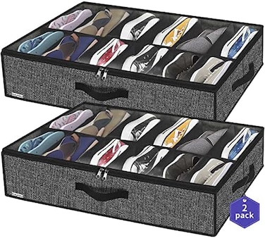 Onlyeasy Sturdy Under Bed Shoe Storage Organizer, Set of 2, Fits Total 24 Pairs, Underbed Shoes Closet Storage Solution with Clear Window, Breathable, 29.3"x23.6"x5.9", Linen-like Black, MXAUBSB2P