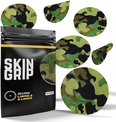 لصقات لاصقة Skin Grip لجهاز Freestyle Libre 2 - مقاومة للماء والعرق لمدة 10-14 يومًا، شريط لاصق مقطوع مسبقًا، غطاء مستشعر مراقبة الجلوكوز المستمر - عبوة من 20 قطعة، بنمط التمويه