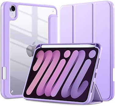 جراب ماستن لجهاز iPad Mini 7 A17 Pro، جراب لجهاز iPad Mini من الجيل السابع/السادس 2024/2021 مقاس 8.3 بوصة مع حامل قلم، غطاء خلفي شفاف رفيع للأطفال، خاصية التشغيل/الإيقاف التلقائي، لون لافندر