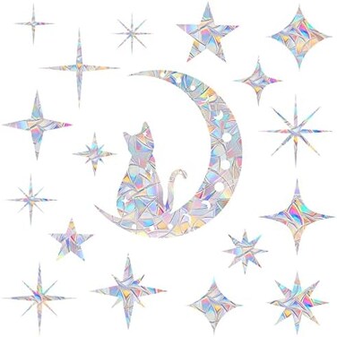 STICKERGURU Cat Moon and 18 Pieces Star Window Clings - Anti-Collision Window Decals to Save Birds from Window Collisions,Non Adhesive Prismatic Vinyl Window Clings, Rainbow Stickers