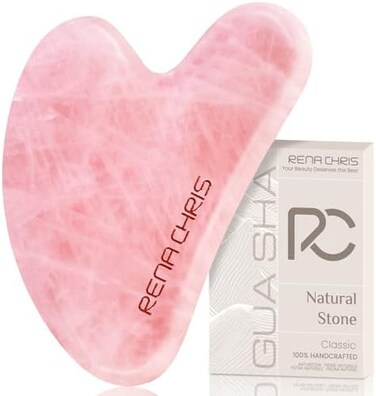 Rena Chris Gua Sha Facial Tools, Natural Jade Stone Guasha, Manual Massage Sticks for Jawline Sculpting and Puffiness Reducing, Facial Massage Tool, Skin-Care (Pink