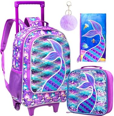 AGSDON 3PCS Rolling Backpack for Girls, Kids Roller Wheels Bookbag, Wheeled School Bag with Lunch Bag - Mermaid