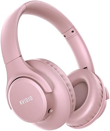KVIDIO Bluetooth Headphones Over Ear, 65 Hours Playtime Wireless Gym Headphones with Microphone, Foldable Lightweight Pink Headset with Bass and Stereo Sound
