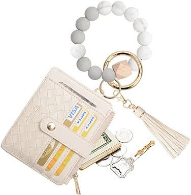 COOLANS Wristlet Bracelet Keychain Pocket Credit Card Holder Purse Tassel Keychain Bangle Key Ring for Women (Silicone Bead BraceletCard Purse (Creamy white, Silicone Bead Braceletcard Purse