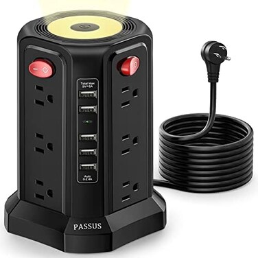 موزع طاقة PASSUS مزود بحماية من زيادة التيار، و5 منافذ USB، وإضاءة ليلية، وسلك تمديد بطول 10 أقدام مع 12 منفذ تيار متردد متعدد، وبرج طاقة، وحماية من الحمل الزائد للمنزل والمكتب وغرفة النوم (أسود)