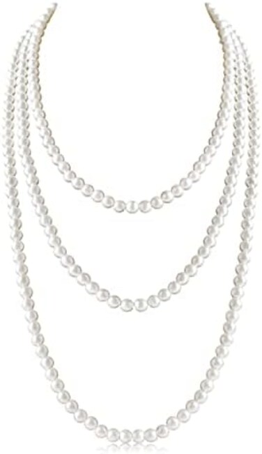 Long Pearl Necklaces for Women Cream White Faux Pearl Strand Layered Necklace Costume Jewelry