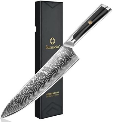 Sunnecko Damascus Chef Knife 8 inch- Razor Sharp Kitchen Knife Made of Damascus VG-10 Steel with Rivet Full Tang Solid Handle-Professional Japanese Chef's Meat Knife