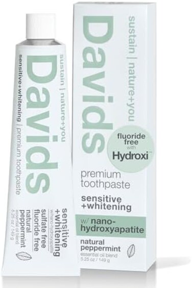 Davids Nano Hydroxyapatite Natural Toothpaste, Sensitive, Whitening, Enamel Health, Fluoride Free, SLS Free, Peppermint, 5.25 oz Metal Tube, Tube Roller Included