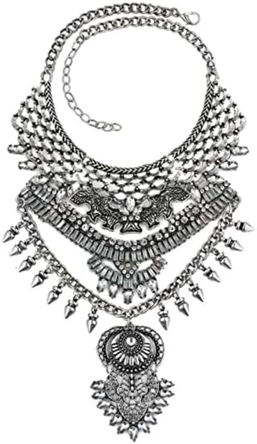 CCBFY Long Tassel Chunky Boho Coin Statement Necklace For Women Silver