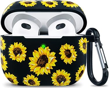 LitoDream Flower Silicone Airpods 3 Case 2021, YOMPLOW Case Cover for Apple Airpods 3rd Generation Floral Print Soft Flexible Cover for Air Pod 3 Women Girls, Skin with Keychain - Sunflower