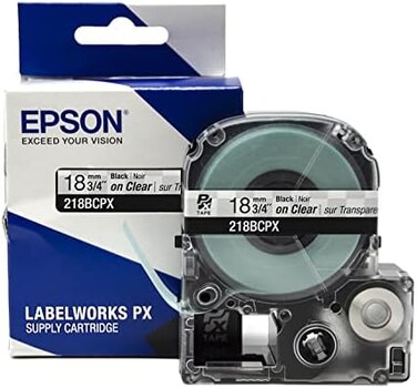 شريط لاصق من البوليستر LABELWORKS Epson 218BCPX PET (أسود على شفاف) - 3/4 بوصة (عرض 18 مم، طول 30 قدمًا)