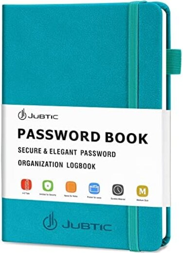 JUBTIC Hardcover Password Book and Organizer with Alphabetical Tabs (Medium, Turquoise