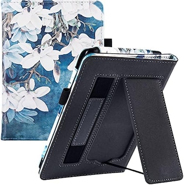 جراب BOZHUORUI لجهاز Kindle Paperwhite من الجيل الحادي عشر (إصدار 2021) (يشمل إصدار Signature مقاس 6.8 بوصة وإصدار الأطفال) غطاء فاخر من جلد البولي يوريثان مع حامل/حزام يد وخاصية التشغيل/الإيقاف التلق