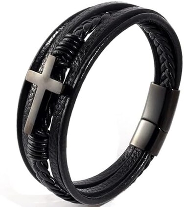 ZNDIJE Stainless Steel Braided Leather Bracelet for Men Cuff Bangle Cross Magnetic Clasp
