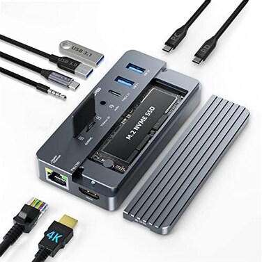 ACASIS USB C Hub with SSD Enclosure, Laptop Docking Station with 4K 60Hz HDMI, 100 W PD, USB A and C 3.1, SD/TF Card Reader, 10Gbps M.2 NVME SATA SSD Enclosure (Light Gray