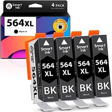 خرطوشة حبر بديلة متوافقة مع تقنية Smart Ink لطابعات HP 564XL (عبوة من 4 خراطيش سوداء) متوافقة مع طابعات Photosmart 6525، 6520، 7520، 5520، 7510، 5510، 7525، 6515، 6510، B210، C410، 5514، B209، B209a،
