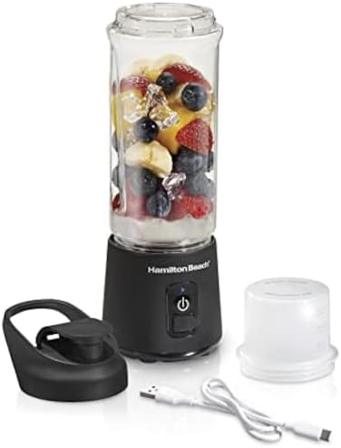 Hamilton Beach Mini Cordless Portable Personal Blender for Shakes and Smoothies, USB Rechargeable, 16 oz. Jar with Leakproof Travel Lid, 6 Stainless Steel Blades, Black (51180