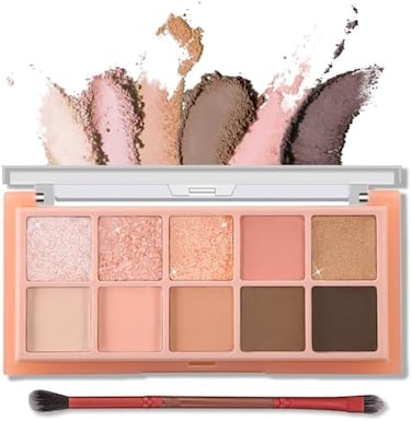 Erinde 10 Colors Eyeshadow Palette Makeup - Matte Shimmer Glitter Eye Shadow, Ultra-Blendable, High Pigmented, Naturing-Looking, Neutral Nude Eyeshadow Pallet with Professional Brush, Peach Color