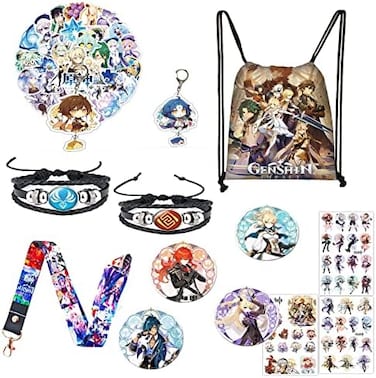 YUANHUISHENG Genshin Impact merch Gift Sets - 1 Genshin Impact Drawstring Bag Backpack, 50 Cartoon Stickers, 1 Lanyard, 2 Keychains,2 Bracelets, 4 Button Pins,6 Stickers for Anime Genshin Impact Fans
