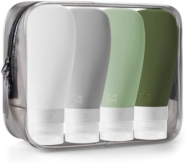 INSFIT Portable Travel Bottles, TSA Carry On Approved Toiletries Containers, 90ml Leak Proof Squeezable Silicone Tubes, Refillable Travel Accessories for Shampoo Body Wash Liquids 4 Pack Green