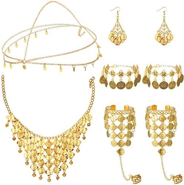 Inbagi Belly Dance Jewelry Set Women Belly Dance Gold Sequins Head Chain Coins Necklace Earrings Bracelets Bohemian Tassel Anklet Chain Hand Ring Bracelet Belly Dance Anklet Coin Veil Necklace