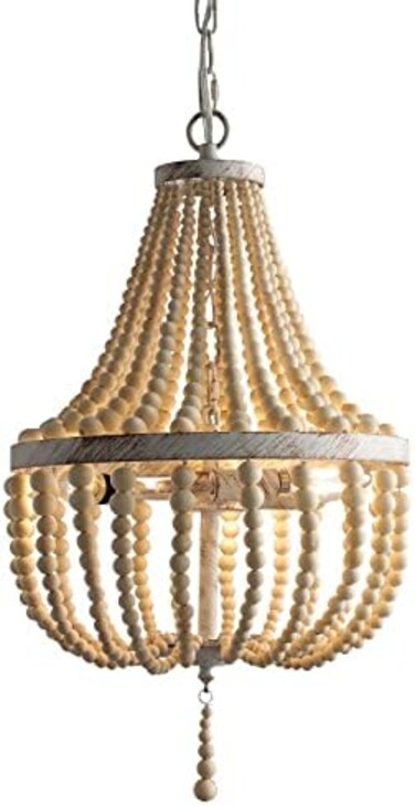 vivihobb 3-Light Wood Beaded Bohemian Mini Chandelier Pendant Light Fixture,Antique Metal Finish Natural Color Wooden Beads, for Bathroom,Living Room,Entryway and Bedroom
