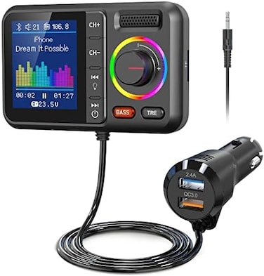 Nulaxy Bluetooth FM Transmitter for Car, Wireless Car Bluetooth V5.0 Adapter with Big Color Screen, Support QC3.0 Fast Charging, Hands-Free Call, MP3 Music Player BASSTRE Booster, TF Card AUX-KM28