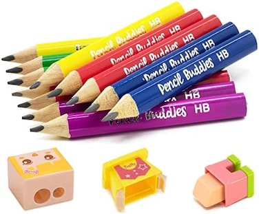 أقلام رصاص قصيرة وسميكة للأطفال من Pencil Buddies، مبراة يدوية الصنع - 12 قلم رصاص مثلث كبير الحجم - أقلام رصاص لطيفة مشحوذة مسبقًا، أقلام رصاص كبيرة للأطفال في مرحلة ما قبل المدرسة، والأطفال الصغار،