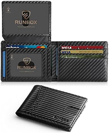 محفظة رن بوكس ​​رجالية رفيعة من الجلد بتقنية RFID، مزودة بنافذتين لبطاقات الهوية، مع علبة هدايا.